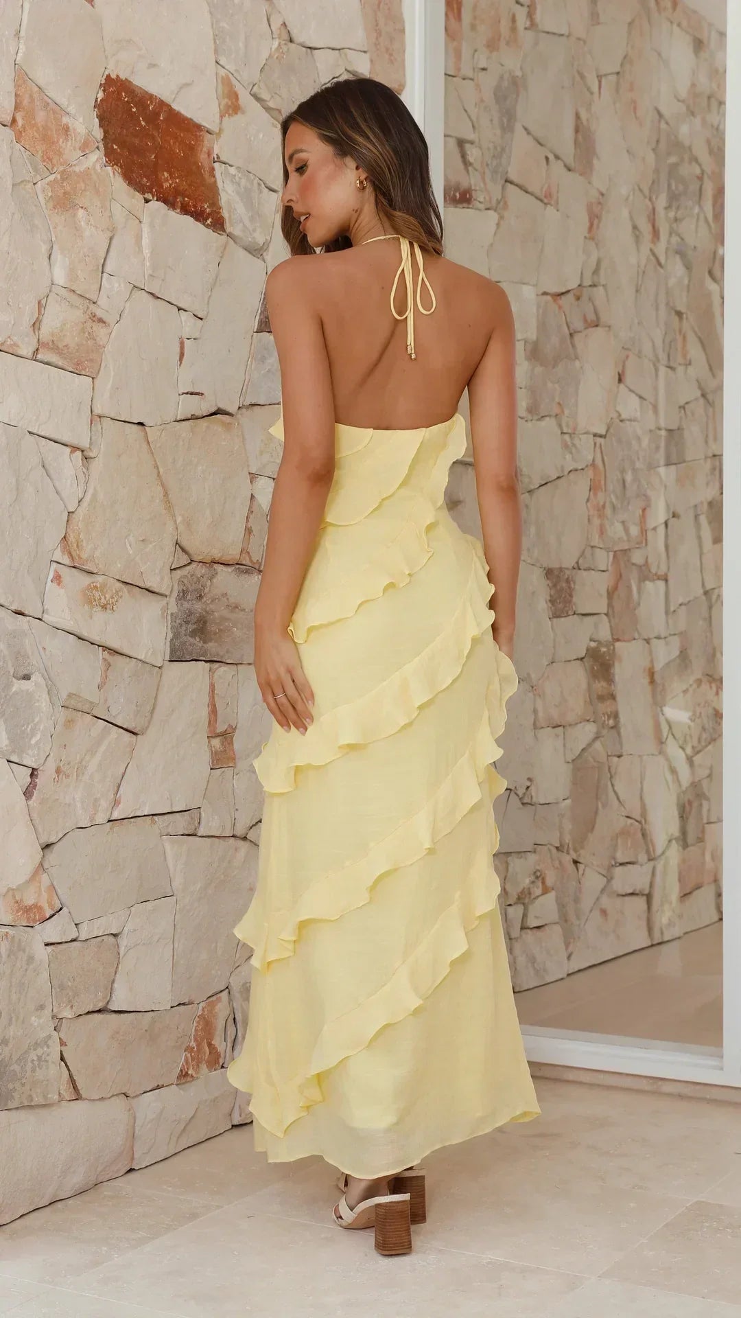 Elegant Ruffle Maxi Dress – Summer Chic in Yellow & Black