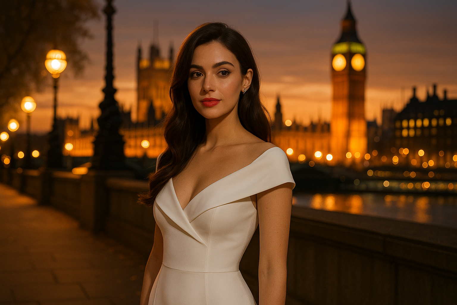 women in white dress with brown hair red lips with Londen in the back with lichts